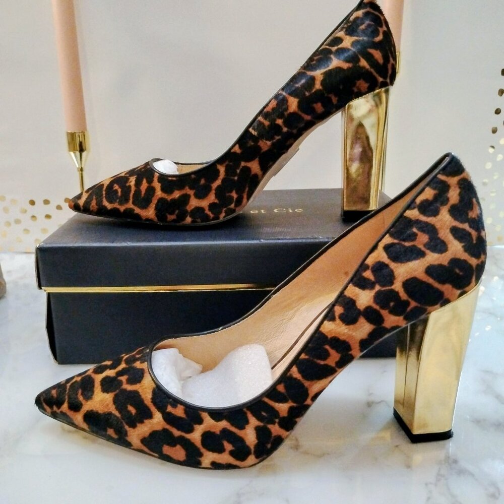 Louise et Cie Lo-Jenny Leopard Brown Pony Hair/ Gold Heel - Women's Size 10M